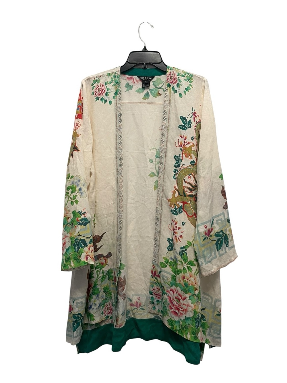 Citron Santa Monica Silk Kimono Cardigan Dragon Floral Print Open Front XL